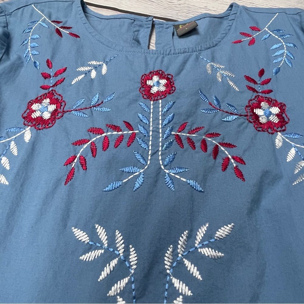 MYX Fusionwear blue boho embroidered cotton dress bell sleeves pockets, size L - Picture 4 of 14